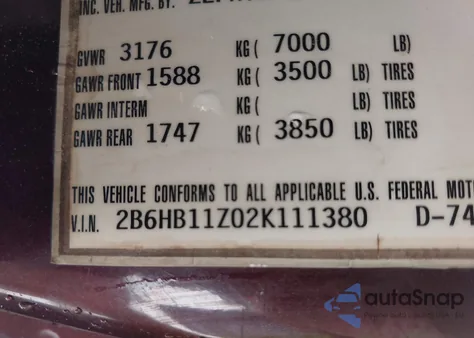 2002 Dodge Ram Van 1500 Conversion z USA, uszkodzony, nr VIN 2B6HB11Z02K111380